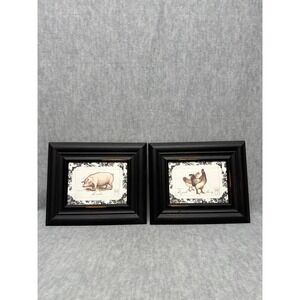 Farmhouse Pig and Chicken Art Prints Set of2  Matted Black Frames Danielson